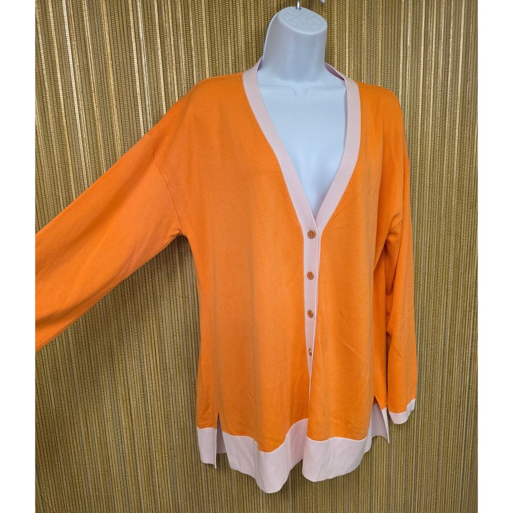 Talbots Women Orange Pink Colorblock V-Neck Cardigan Sweater Sz L Cotton Preppy